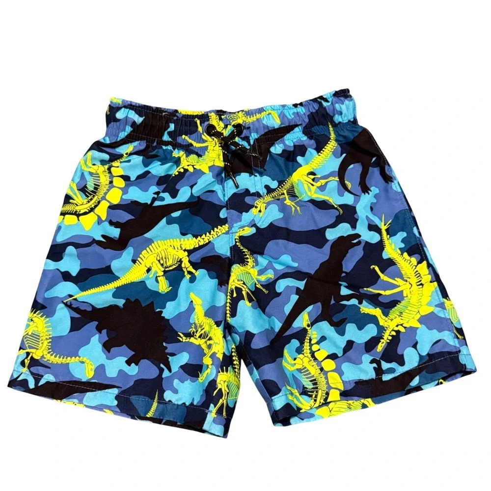 Wonder Nation Boys Blue Camo Dinosaur Skeleton Swim Trunks Size XS 4-5